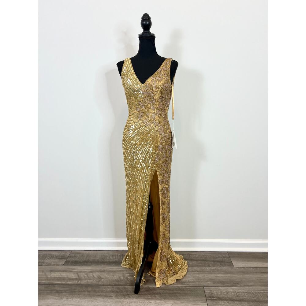 Mac‎ Duggal Gold Sequin Slit Gown Size 2 - Picture 2 of 9
